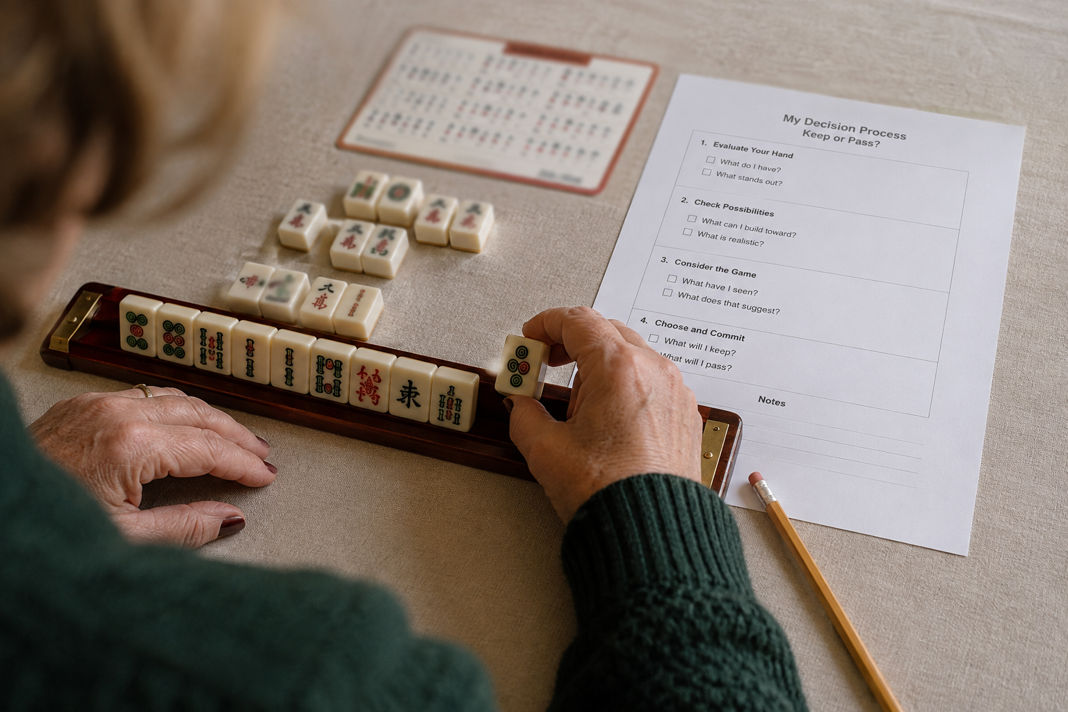American Mah Jongg learner using a decision worksheet to choose which tiles to keep or pass.