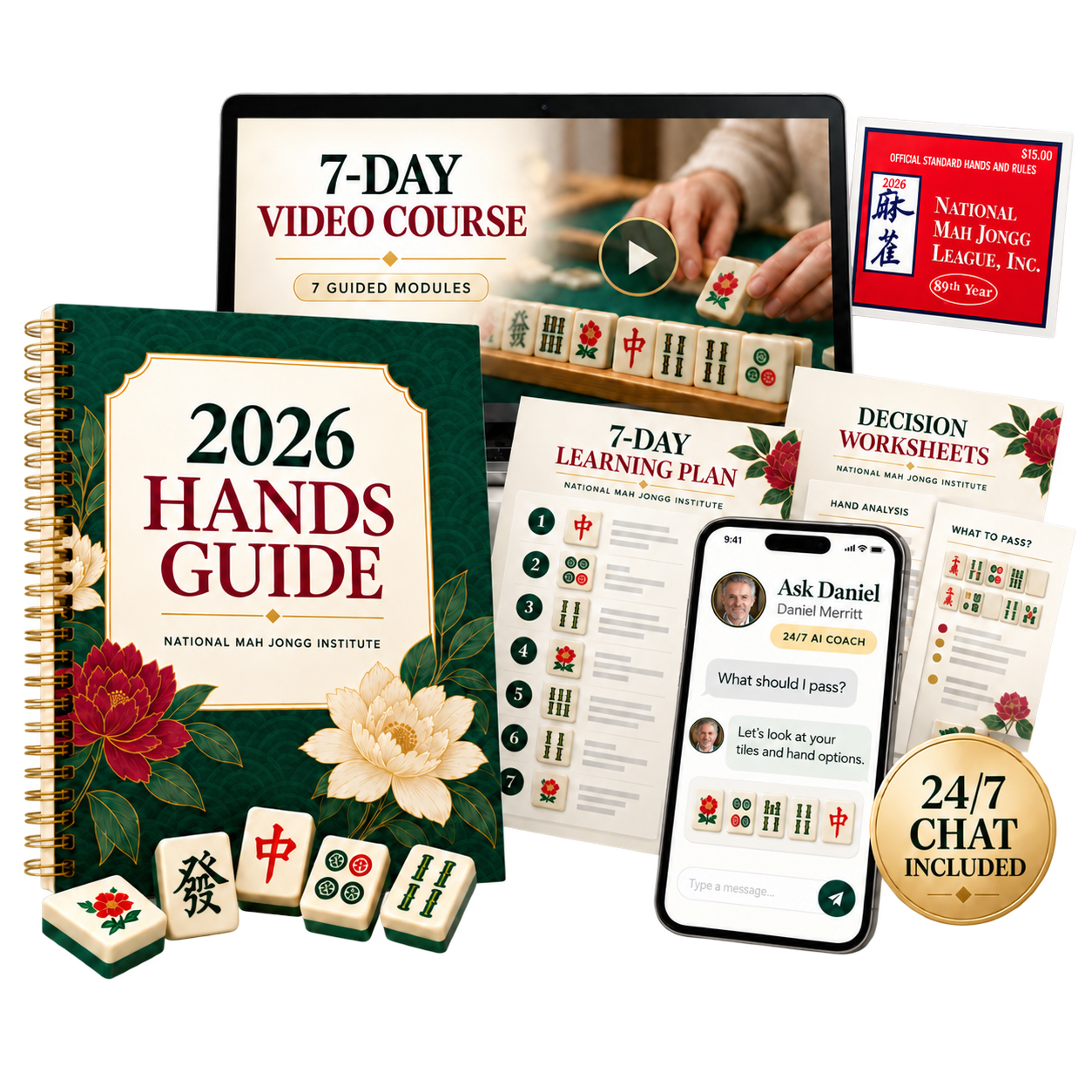 Complete American Mah Jongg bundle: a laptop showing the 7-day video course, the spiral-bound 2026 Hands Guide, the 7-day learning plan and decision worksheets, a phone showing Daniel's 24/7 chat, five mahjong tiles, a pictured official 2026 card, and a gold 24/7 chat included seal.