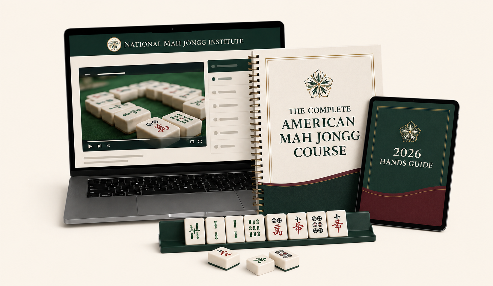 The Complete American Mah Jongg Course and 2026 Hands Guide displayed on laptop, tablet and printed guide.
