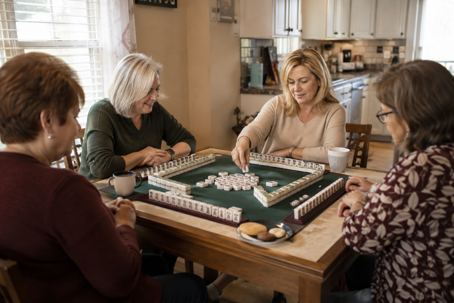 Four women enjoying an American Mah Jongg game together at home.